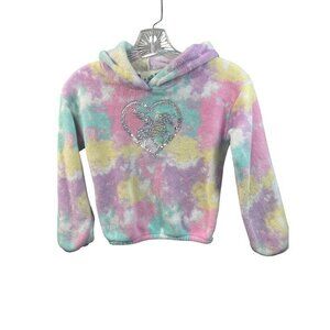 Tie Dye Plush Hoodie‎ with Sequin Unicorn Heart Girls